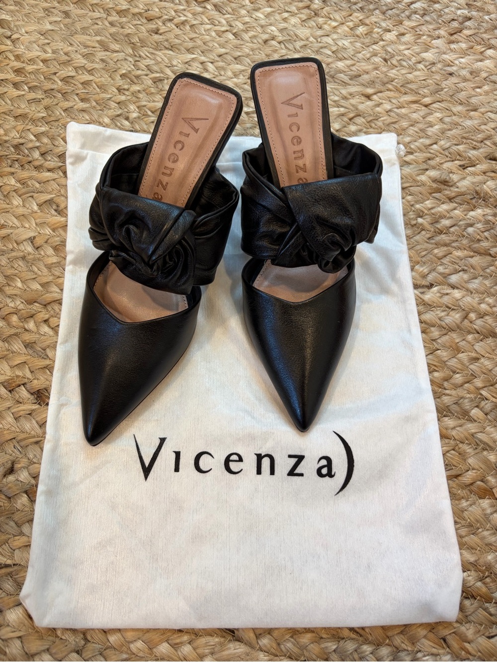 Vicenza Knotted Kitten Heels - Black Matte Leather Mules | Size 39 - Picture 2 of 6